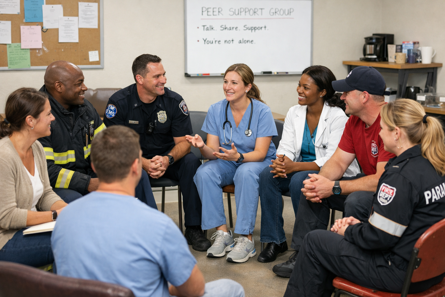 A diverse group of first responders including a firefighter, paramedic, police officer, and EMS personnel sitting in a circle during a peer support group session, with a whiteboard reading 'You're not alone.'